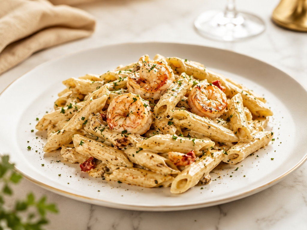 Penne de Camarão ao Molho Branco